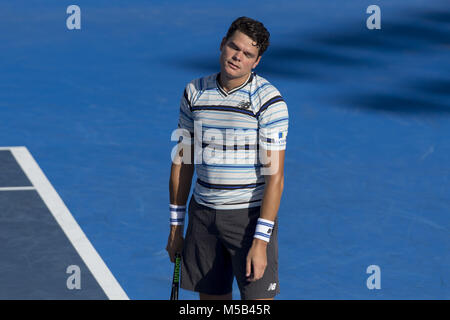 Delray Beach, FL, USA. 21 Feb, 2018. Delray Beach, FL - 21. Februar: Milos Raonic (können) 26 46 Steve Johnson (USA) beim 2018 Delray Beach geöffnet an der Delray Beach Tennis Center in Delray Beach, Florida statt. Credit: Andrew Patron/Zuma Kabel Credit: Andrew Patron/ZUMA Draht/Alamy leben Nachrichten Stockfoto