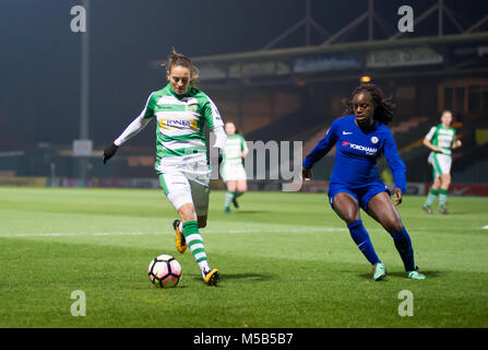 Yeovil, Somerset, UK. 21. Februar 2018, Huish Park, Yeovil, England: Kayleigh Grün von Yeovil übernimmt Eniola Aluko von Chelsea während der WSL Übereinstimmung zwischen Yeovil Town Damen FC und FC Chelsea Damen, am Huish Park Stadium - Heimat von Yeovil F.C. © David Rebhuhn/Alamy leben Nachrichten Stockfoto