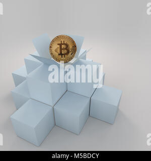 3D-Rendering von bitcoin Münze in einem Cube box Stockfoto