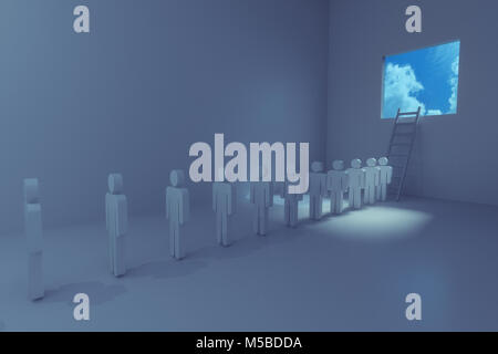 3D-Rendering des abstrakten Menschen, die in die Warteschlange des Zimmer zu entkommen Stockfoto