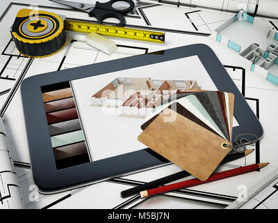 Home Decorating Tools stehen auf Haus bluprints. 3D-Darstellung. Stockfoto