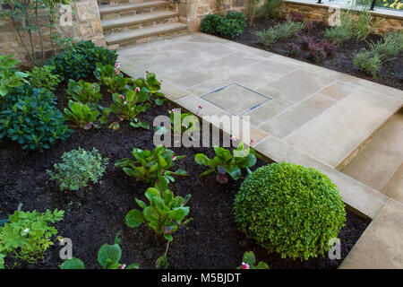 Kleine Ecke des schönen, gepflegten, privaten Garten mit zeitgenössischem Design, gepflasterter Weg & Schritte, Sträucher und Pflanzen - Yorkshire, England, UK. Stockfoto