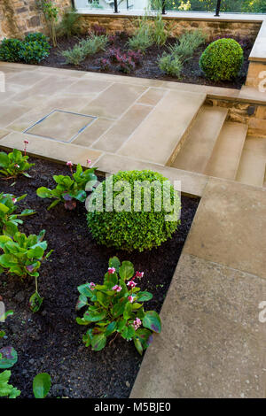 Kleine Ecke des schönen, gepflegten, privaten Garten mit zeitgenössischem Design, gepflasterter Weg & Schritte, Sträucher und Pflanzen - Yorkshire, England, UK. Stockfoto