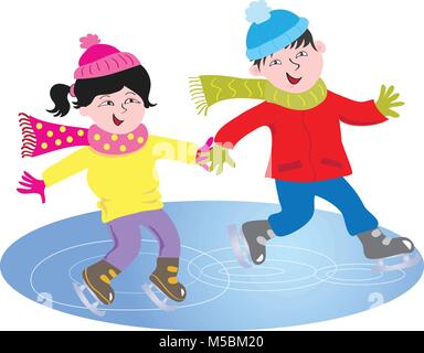 Zwei cartoon Kinder mit asiatischen verfügt über Schlittschuhlaufen auf einem zugefrorenen See Stock Vektor