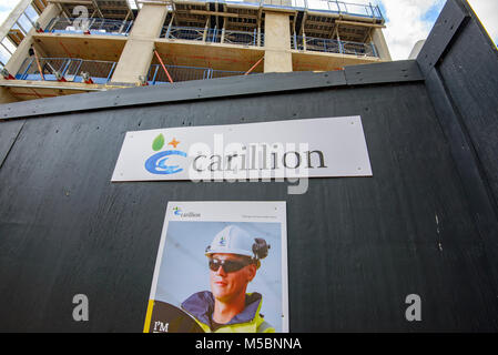 Carillion Zeichen auf einer verlassenen Baustelle, Salford, Greater Manchester. Carillion plc ist eine britische multinationale Einrichtungen Verwaltung und constructi