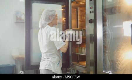 Weibliche backt auf die gewerbliche Küche - Frau setzt Backen im Ofen Stockfoto