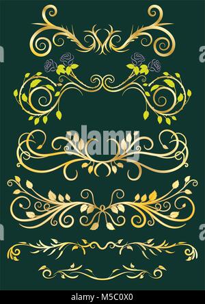 Gold klassische Antike floral Grenzen auf grünem Hintergrund. Für Urlaub, Feiern oder glückliche Ereignisse verwendet werden. Stock Vektor