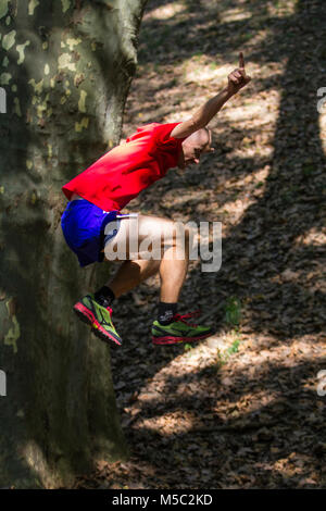 Der Mann springt während eines Traillauftrainings Stockfoto