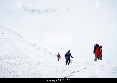 Wandern im Winter. Wanderer Wandern im Schnee auf Kinder Scout, Derbyshire, Peak District, England, Großbritannien Stockfoto