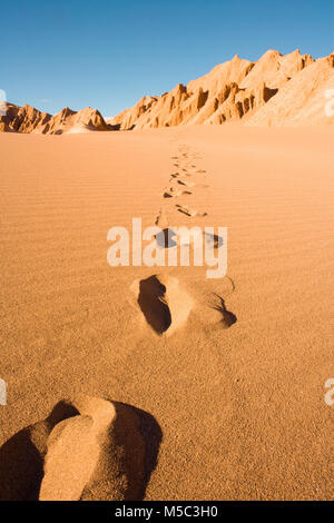 Fußabdrücke im Valle de La Muerte (Death Valley) auch als La Cordillera de la Sal" (spanisch für Salz mountain range), San Pedro de Atac bekannt Stockfoto