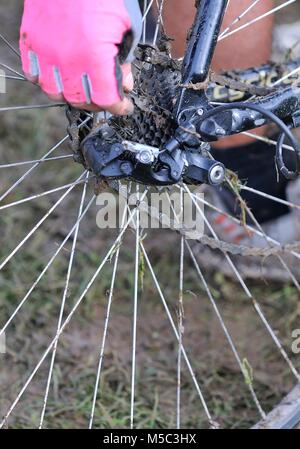 Nicht erkennbare Frau in rosa Handschuh zur Festsetzung schmutzige Fahrrad Kette in Nahaufnahme Stockfoto