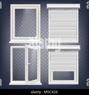 PVC-Fenster Vektor. Rollläden. Geöffnet und geschlossen wird. Vorderansicht. Öffnen Kunststoff Fenster aus Glas. Auf transparentem Hintergrund realistische Abbildung isoliert Stock Vektor