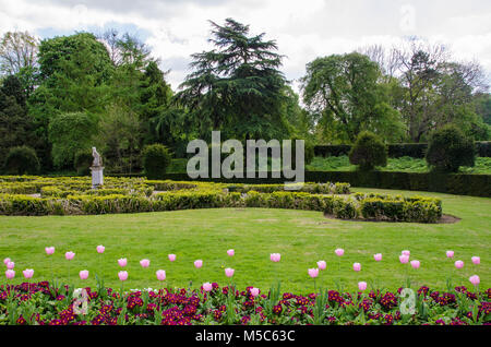 Schönen Englischen Garten im Frühjahr, Anzeigen perfekt gehalten Gesetze, rosa Rosen und strahlender Sonnenschein, April 2017 Stockfoto