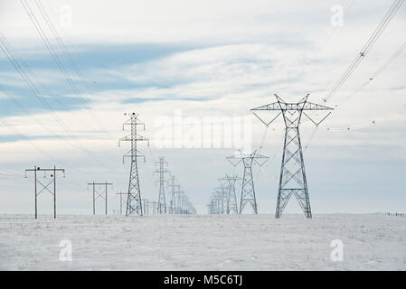 Alberta, Kanada. Blick nach unten Mitte der Zweireihige von Strommasten/Getriebe Türme auf den Prärien im Winter. Stockfoto