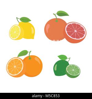 Frische Zitrusfrüchte ganz und halbiert 4 realistische Symbole Quadrat mit orange Grapefruit Zitrone lyme isoliert Vector Illustration Stock Vektor