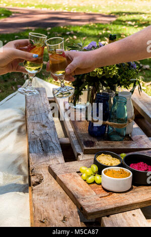 Picknick im Park mit ein paar Toast mit Sekt Stockfoto