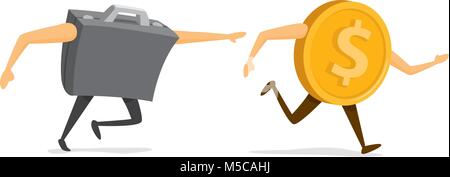 Cartoon Illustration von lustigen Verfolgungsjagd zwischen business Portfolio und Geld Stock Vektor