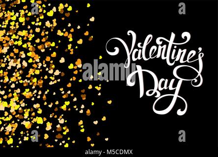 Der goldene Herzen auf schwarzen Hintergrund mit handgefertigten Schriftzug. Valentinstag Muster mit Konfetti. Vector Illustration für Urlaub. Stock Vektor