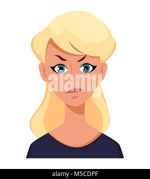 Gesicht Ausdruck einer blonden Frau - unzufrieden, verärgert. Weibliche Emotionen. Attraktive cartoon Charakter. Vector Illustration auf weißen backgrou isoliert Stock Vektor