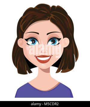 Frau lächelnd. Weibliche Emotion, Gesichtsausdruck. Cute cartoon Charakter. Vector Illustration auf weißem Hintergrund. Stock Vektor