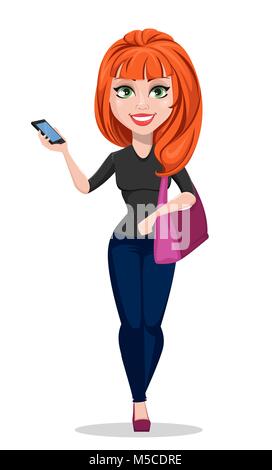 Stilvolle Mädchen in legere Kleidung. Schöne Geschäftsfrau im freien Stil Kleidung holding Handtasche und Smartphone. Niedliche Zeichentrickfigur Geschäftsfrau. V Stock Vektor