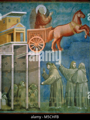 Giotto di Bondone (Vespignano, 1266/67 - Florencia, 1337). Italienischer Maler. Die Vision der Feuerwagen (1295-1300). Der hl. Franziskus in den Himmel, auf einem Wagen von einem Pferd gezogen wird zu seinen Begleitern. Die Basilika San Francesco, Assisi, Italien. Stockfoto