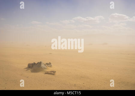 Rock Steine sitzen im Sand in der Mitte von einem Sandsturm weht. Stockfoto