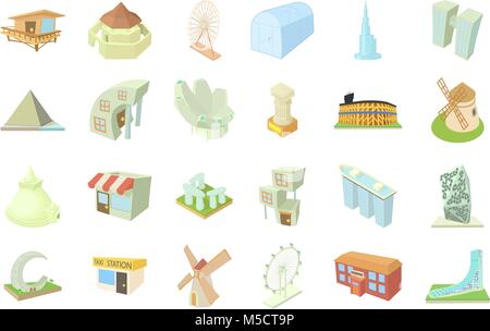 Gebäude Icon Set, Cartoon Stil Stock Vektor