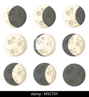 Satz von verschiedenen Mondphasen Raum Objekt natürlicher Satellit der Erde Vector Illustration auf weißem Hintergrund Web site Seite und mobile App isoliert Stock Vektor