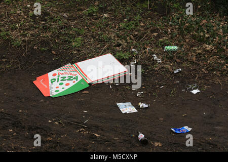 Pizza Box und verschiedene Dosen und Flaschen von einem Auto auf dem Land in der Nähe von Stourbridge, West Midlands, UK geworfen. Stockfoto