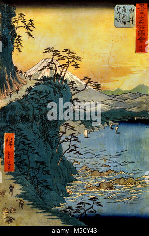 Yui Station 17 Utagawa Hiroshige, auch Andō Hiroshige (1797 - 1858) 19., Jahrhundert, Japan, Japanisch, (Dreiundfünfzig Stationen des Tokaido Straße) Mount Fuji (Nr. 17, Yui: Das furchtbare Satta Pass (Yui, Satta tôge Oya shirazu), aus der Serie der berühmten Sehenswürdigkeiten der "53 Stationen (Gojûsan tsugi meisho zue), auch bekannt als die Vertikale Tôkaidô) Stockfoto