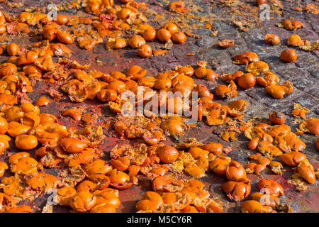 Durch zertrümmerte Früchte Straßen während orange Schlacht am historischen Karneval in Ivrea, Italien. Stockfoto