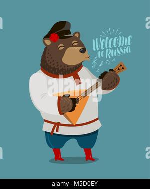 Lustige Russische Bär spielt auf balalaika. Russland, Moskau Konzept. Cartoon Vector Illustration Stock Vektor