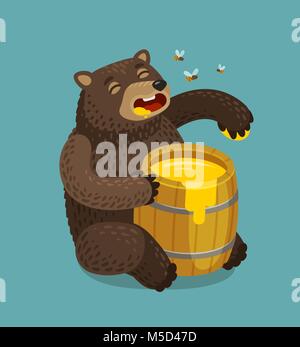 Happy bear isst aus Fass von süßen Honig. Cartoon Vector Illustration Stock Vektor