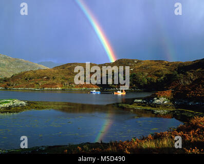 Regenbogen über Loch Glencoul, in der Nähe von Kylesku an der Westküste von Sutherland, Highland, Schottland Stockfoto