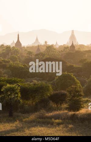 Antike Tempel im Archäologischen Park in Bagan nach Sonnenaufgang, Myanmar Stockfoto