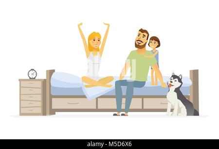 Familie am Morgen - cartoon Menschen Charakter isoliert Abbildung auf weißen Hintergrund. Ein Bild von jungen Eltern, Tochter und einen Hund im Schlafzimmer Stock Vektor