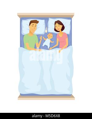 Junge Eltern und Baby schlafen - cartoon Menschen Charakter isoliert Abbildung auf weißen Hintergrund. Ein Bild von Mutter und Vater im Bett mit Cu Stock Vektor