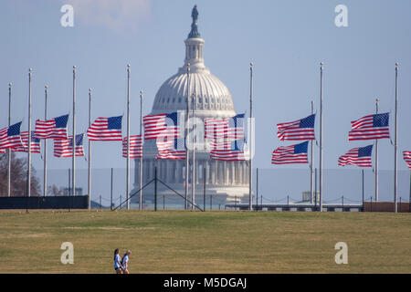 Washington, USA. 21 Feb, 2018. Am Washington Monument, Fahnen wehen zum halben Personal in der Trauer für die Opfer der Massenerschießungen an Marjory Stoneman Douglas High School in Parkland, Florida. Kuppel des U.S. Capitol ist im Hintergrund. Quelle: Tim Braun/Alamy leben Nachrichten Stockfoto