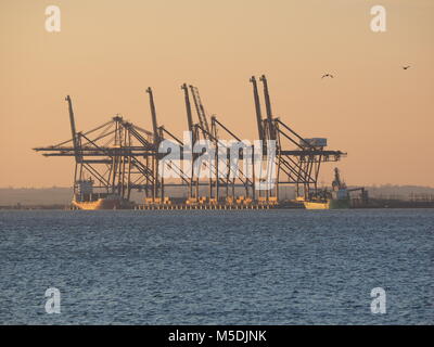 Queenborough, Kent, UK. 22 Feb, 2018. UK Wetter: Ein herrlicher Sonnenuntergang nach einem sonnigen, aber kalten Tag im Queenborough. Die Krane von Thamesport. Credit: James Bell/Alamy leben Nachrichten Stockfoto