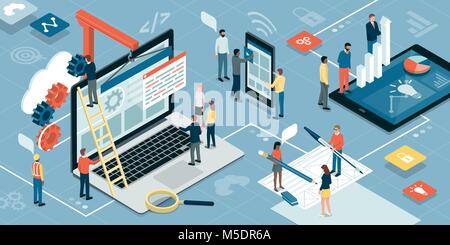 Kreatives Team bei der Arbeit, Sie entwickeln eine reaktionsschnelle Website, Apps, Marketing und Grafik Design Stock Vektor