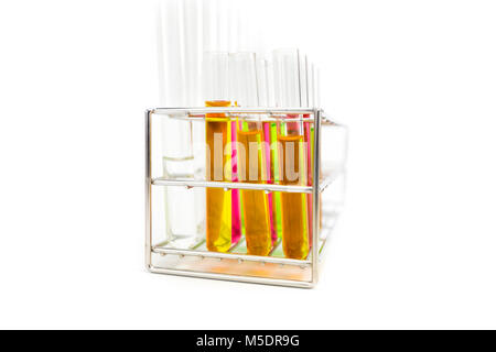 Ständer mit Reagenzgläsern isoliert auf Weiss. Einige chemische Lösung in der Flasche. Stockfoto