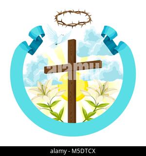 Holzkreuz mit Dornen, Lily und Taube. Frohe Ostern Konzept Abbildung oder Grußkarte. Religiöse Symbole des Glaubens Stock Vektor