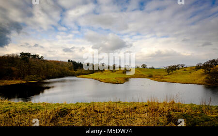 Morton Loch von der Burg entfernt. Morton Schloss ist durch ein künstliches Loch in den Hügeln über Nithsdale, in Dumfries und Galloway, süd-westlich Scotlan entfernt Stockfoto