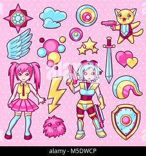 Einstellen des japanischen Anime Cosplay Objekte. Niedlich kawaii Figuren und Elemente Stock Vektor