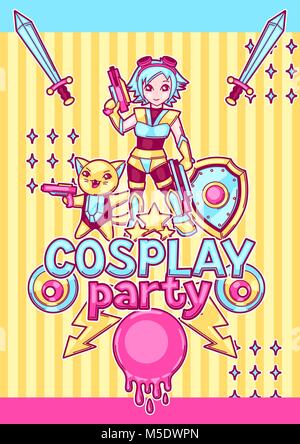 Japanischen Anime Cosplay party Einladung. Niedlich kawaii Figuren und Elemente Stock Vektor