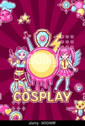 Japanischen Anime Cosplay Hintergrund. Niedlich kawaii Figuren und Elemente Stock Vektor