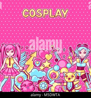 Japanischen Anime Cosplay Hintergrund. Niedlich kawaii Figuren und Elemente Stock Vektor
