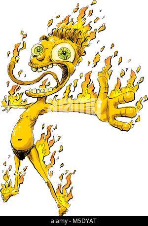 Ein cartoon Mann, der so heiß ist und toll, dass er sich auf Feuer mit Flammen auf seinem Körper. Stock Vektor