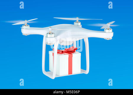 Lieferung drone mit einer Geschenkbox im blauen Himmel, 3D-Rendering Stockfoto